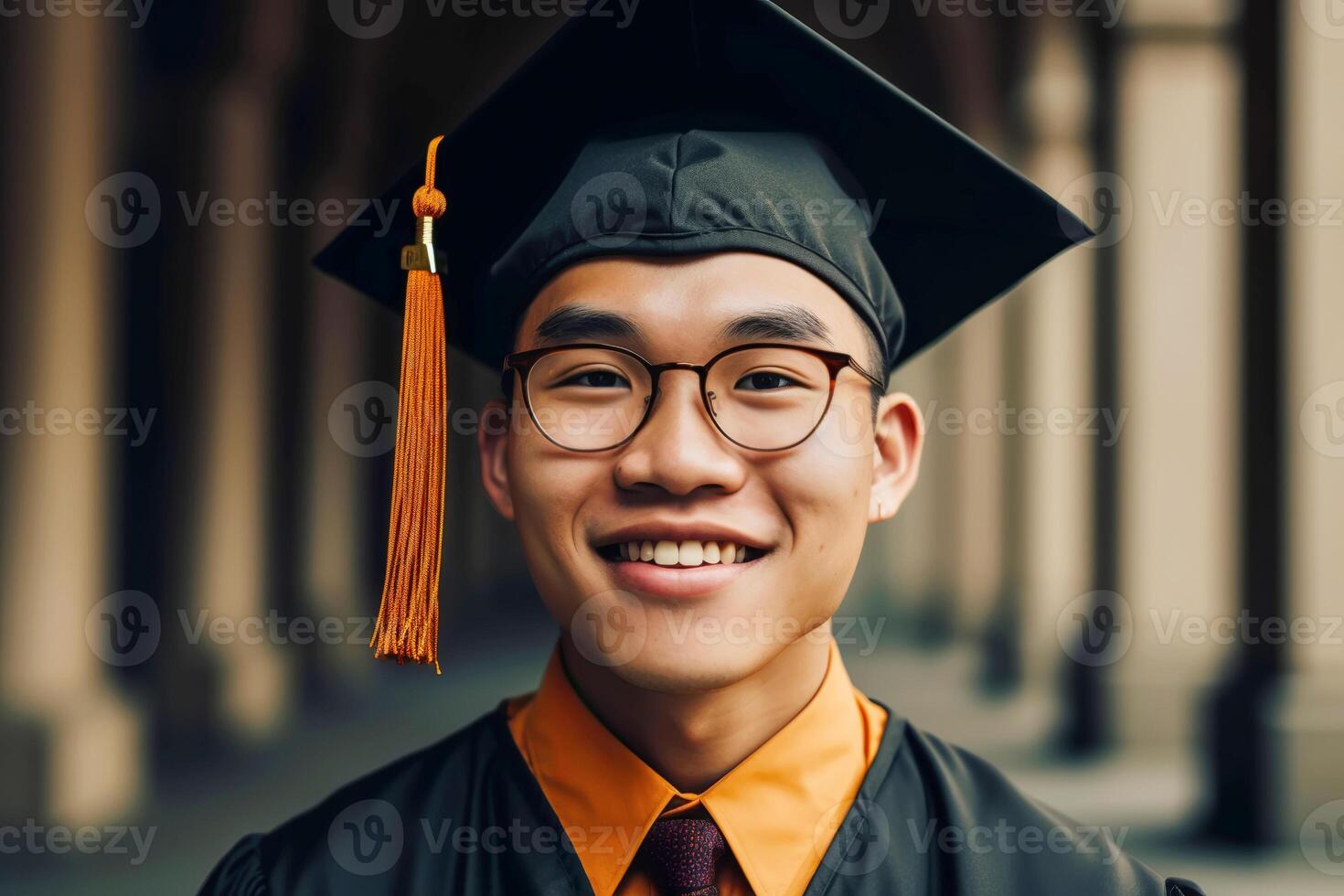 porträtt av asiatisk amerikan ung man bär en gradering keps. studie, utbildning, examen begrepp. generativ ai illustration foto