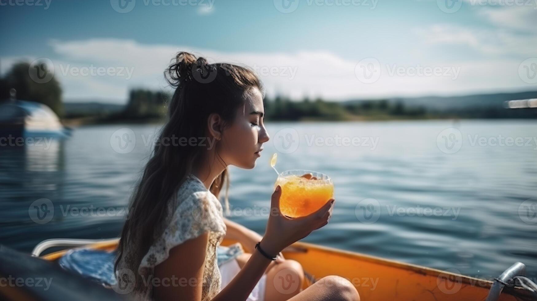 generativ ai, de flicka är innehav en uppfriskande juice som hon åtnjuter de skön landskap. foto