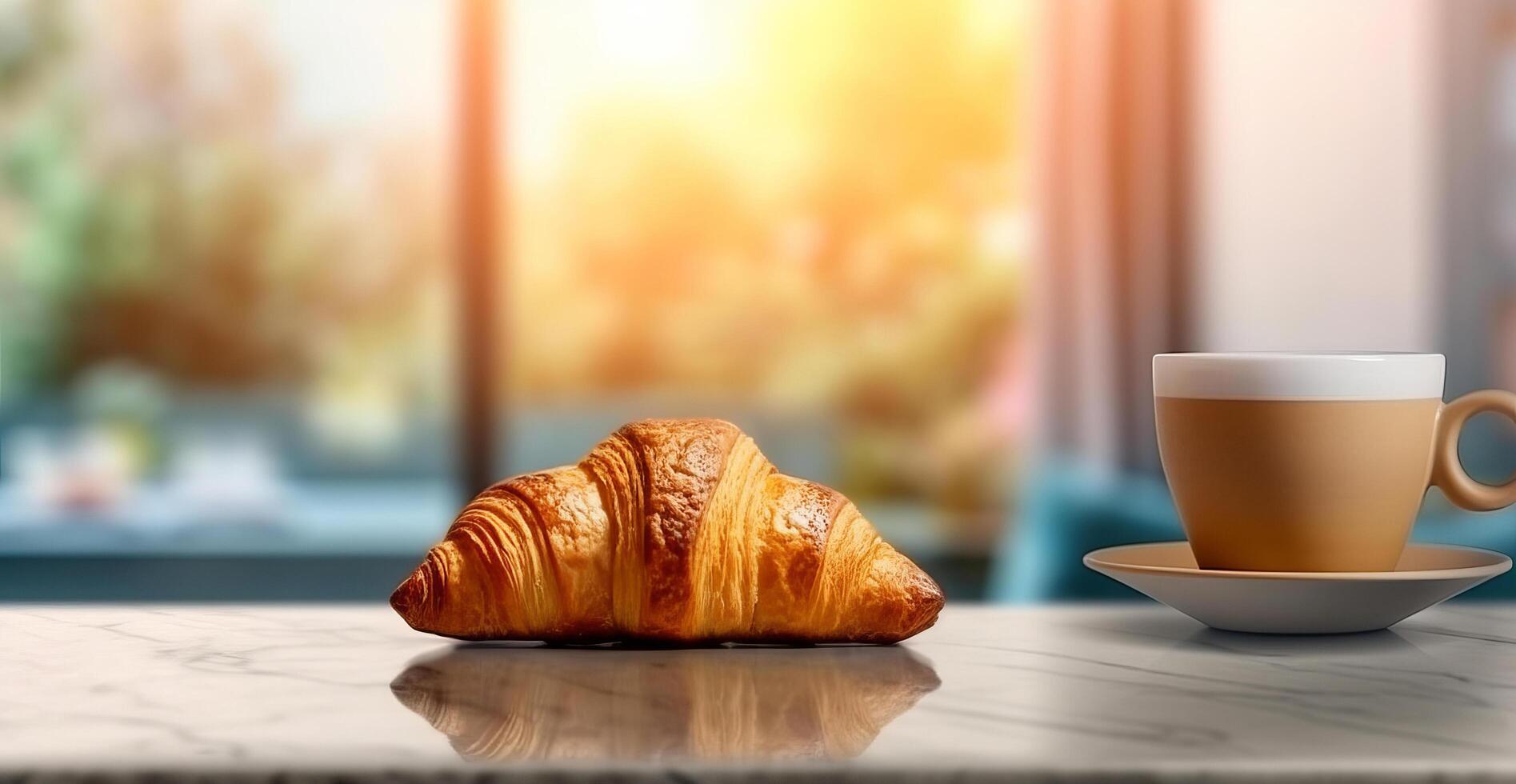 morgon- kaffe med croissant. illustration ai generativ foto