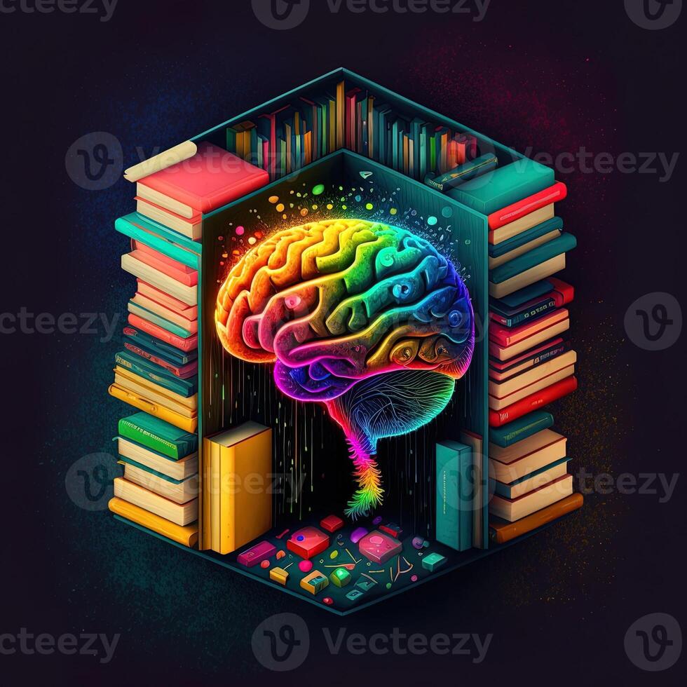 detta nyckfull bild visar en hjärna med en bibliotek inuti, dess neuroner och synapser belyst upp i en regnbåge av glad färger. en stack av böcker på en hylla pekar på kunskap och inlärning, generativ ai foto
