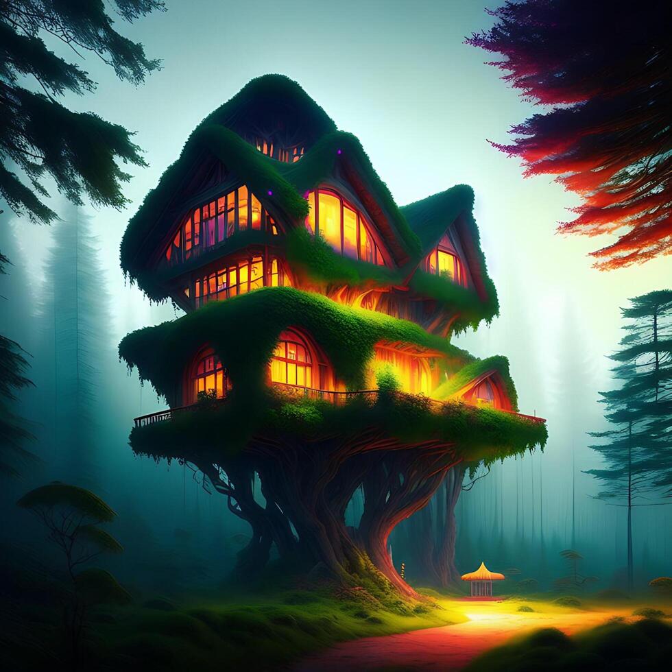 lyxig organisk hus i de dimmig trän ai genererad foto