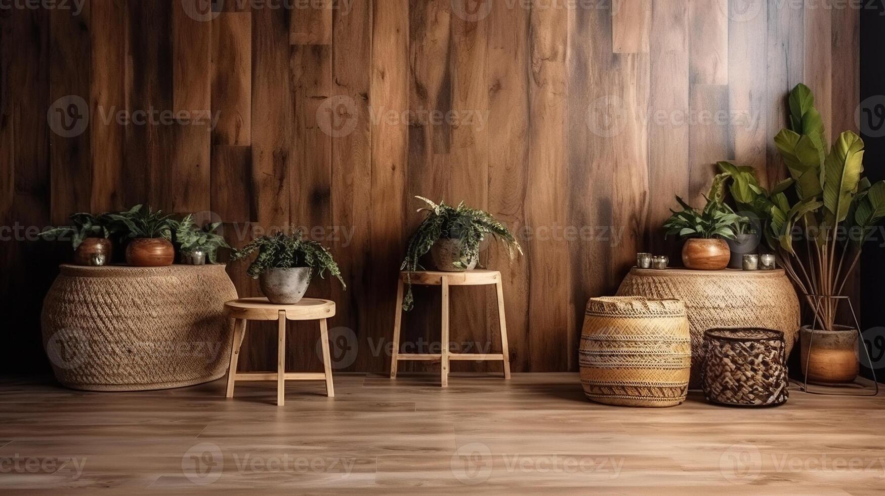 generativ ai, eco trä- rum med växter med naturlig möbel, boho etnisk chic stil interiör design foto