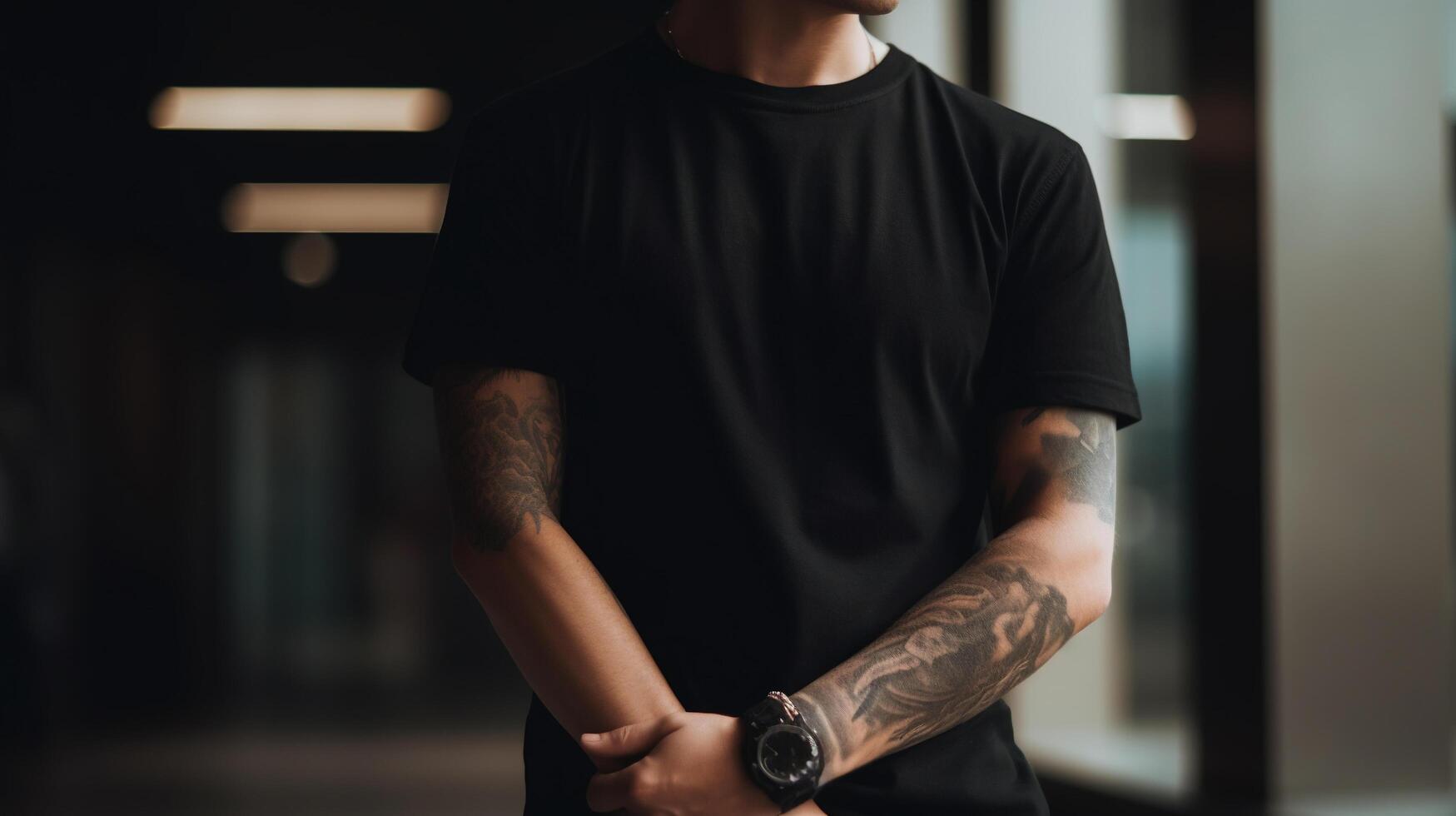 generativ ai, realistisk svart t-shirt falsk upp tom sätta på ung man, copy för presentation reklam. tom företag begrepp foto