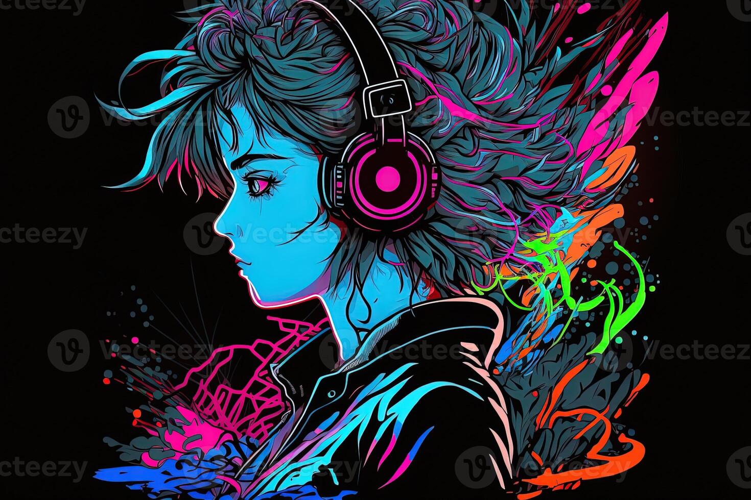 generativ ai ett neon gamer anime mode flicka eller kvinna bär hörlurar, förlorat i henne musik. abstrakt bakgrund den där framkallar de känsla av annorlunda genrer av musik. baner musik begrepp foto