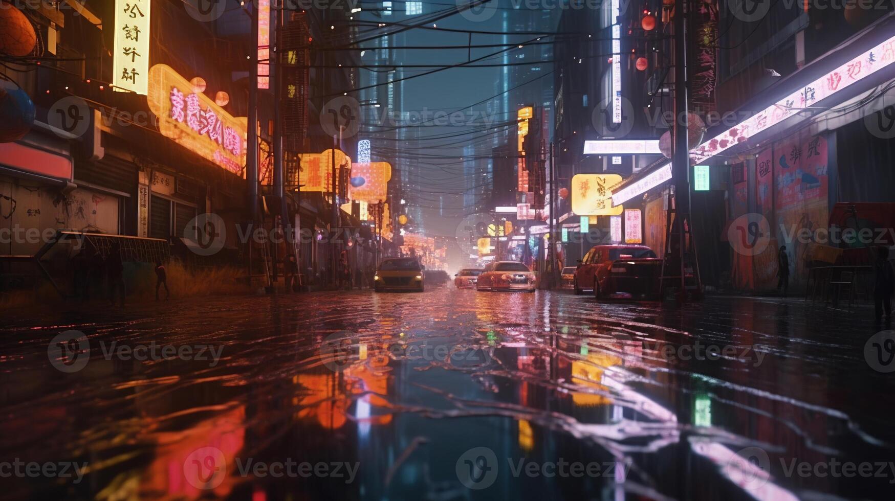 generativ ai, natt scen av efter regn stad i cyberpunk stil, trogen nostalgisk 80-tal, 90-tal. neon lampor vibrerande färger, fotorealistisk horisontell illustration. foto