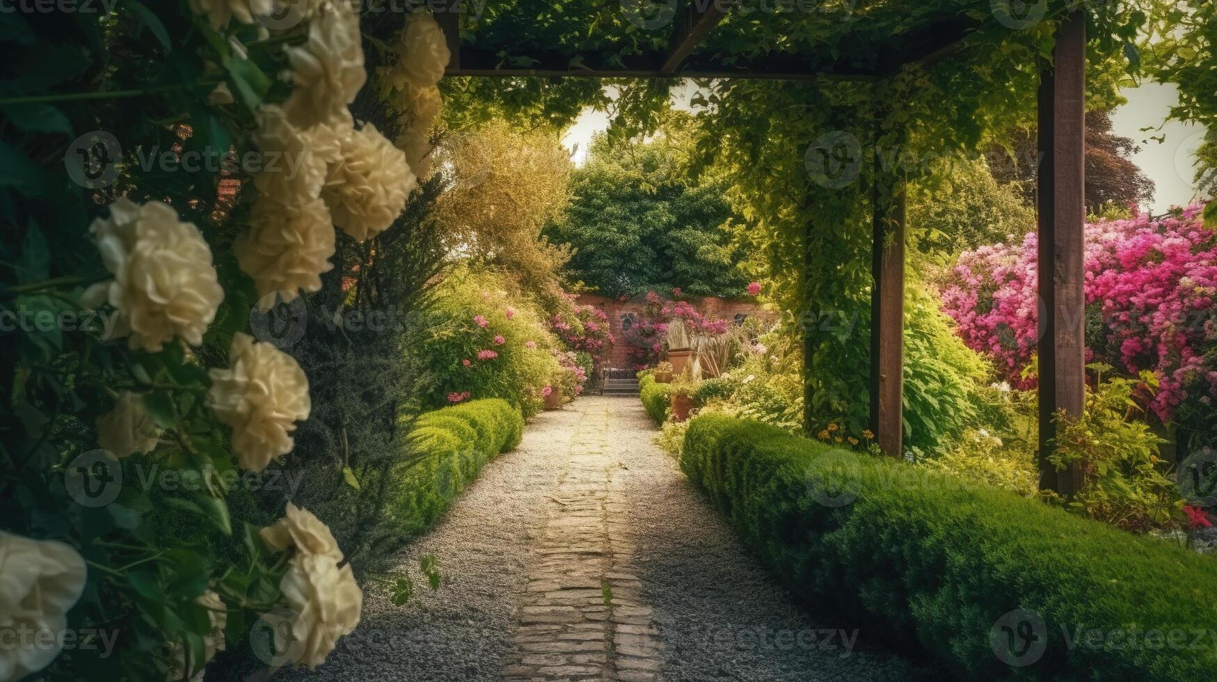 generativ ai, skön sommar privat trädgård med många blommor och växter, natur landskap, engelsk landsbygden stuga stil foto