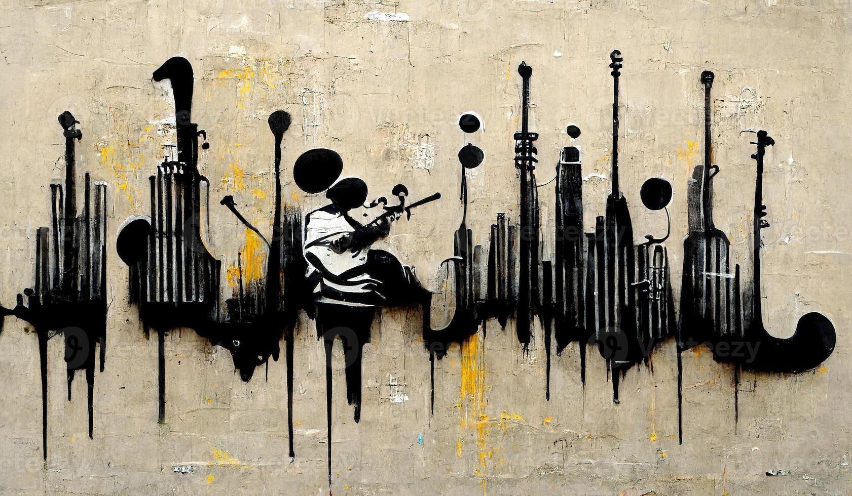 generativ ai, abstrakt gata konst med nycklar och musikalisk instrument silhuetter. bläck färgrik graffiti konst på en texturerad papper årgång bakgrund, inspirerad förbi banksy foto