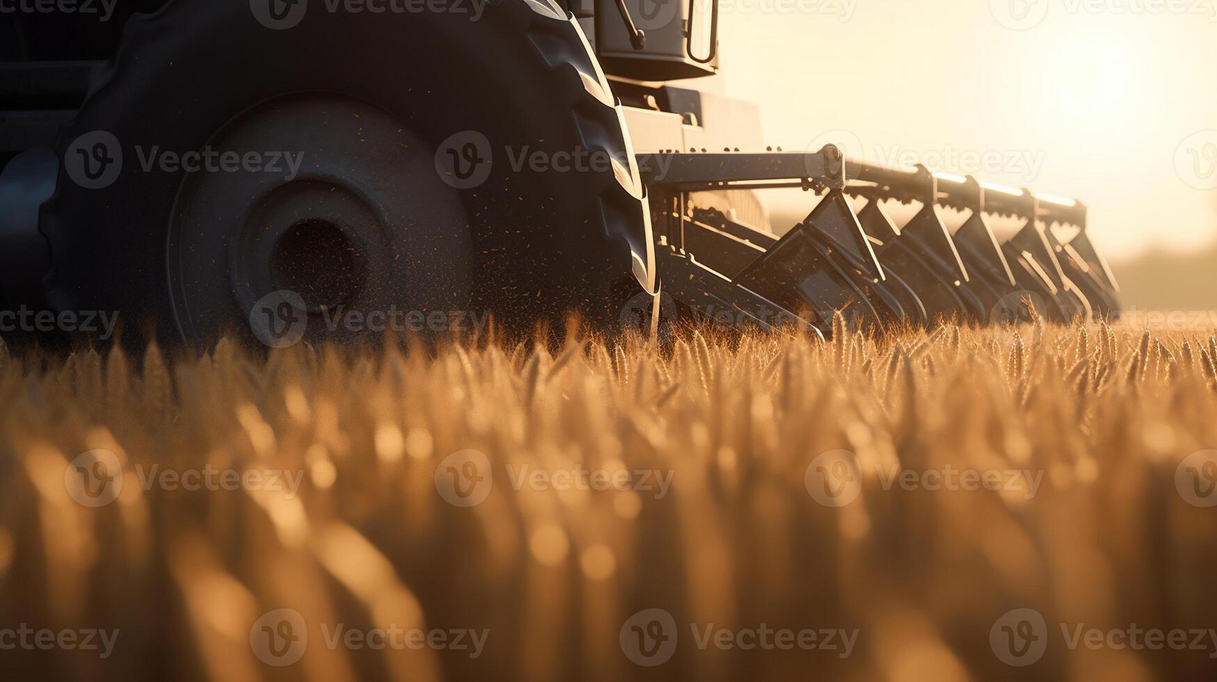 generativ ai, närbild modern kombinera tröskor på en vete fält, bruka landskap, jordbruks skön landsbygden. natur illustration, fotorealistisk horisontell baner. foto