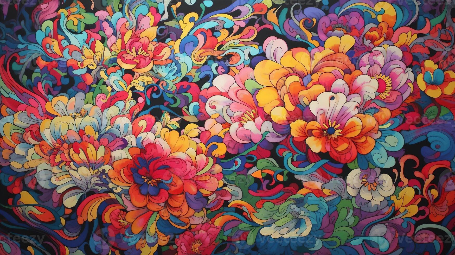 generativ ai, blommig färgrik mönster. lisa frank och James jean inspirerad naturlig växter och blommor bakgrund, psychedelic illustration. lövverk prydnad. foto