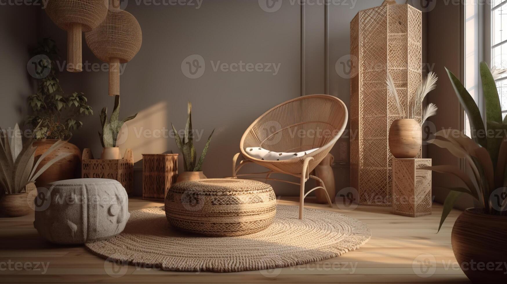 generativ ai, eco trä- rum med växter med naturlig möbel, boho etnisk chic stil interiör design foto