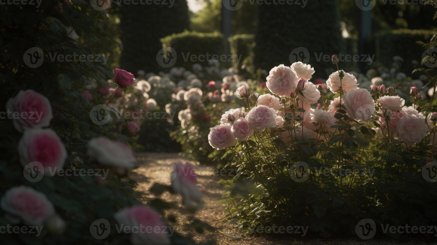 generativ ai, skön sommar privat trädgård med många blommor och växter, natur landskap, engelsk landsbygden stuga stil foto