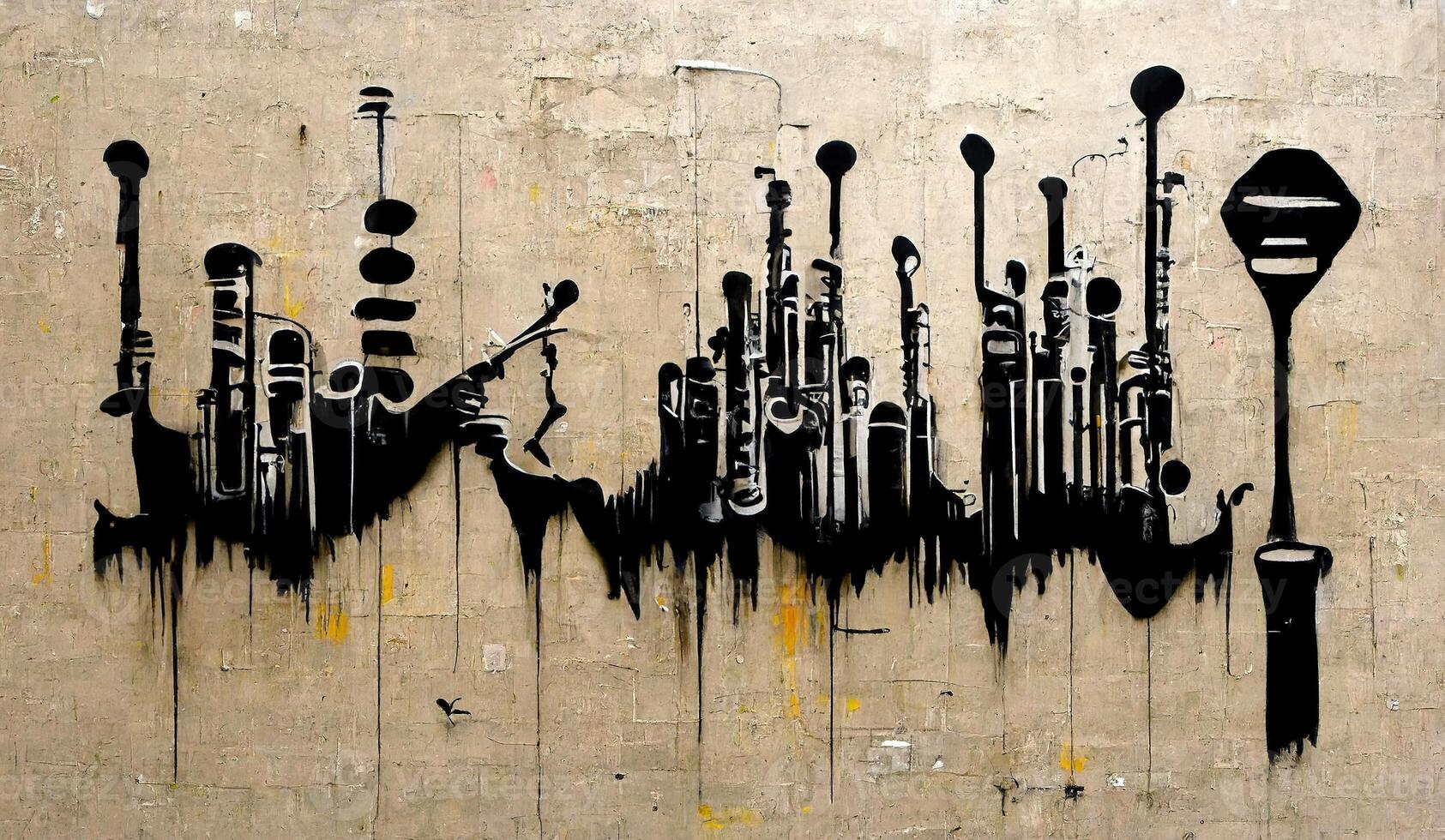 generativ ai, abstrakt gata konst med nycklar och musikalisk instrument silhuetter. bläck färgrik graffiti konst på en texturerad papper årgång bakgrund, inspirerad förbi banksy foto