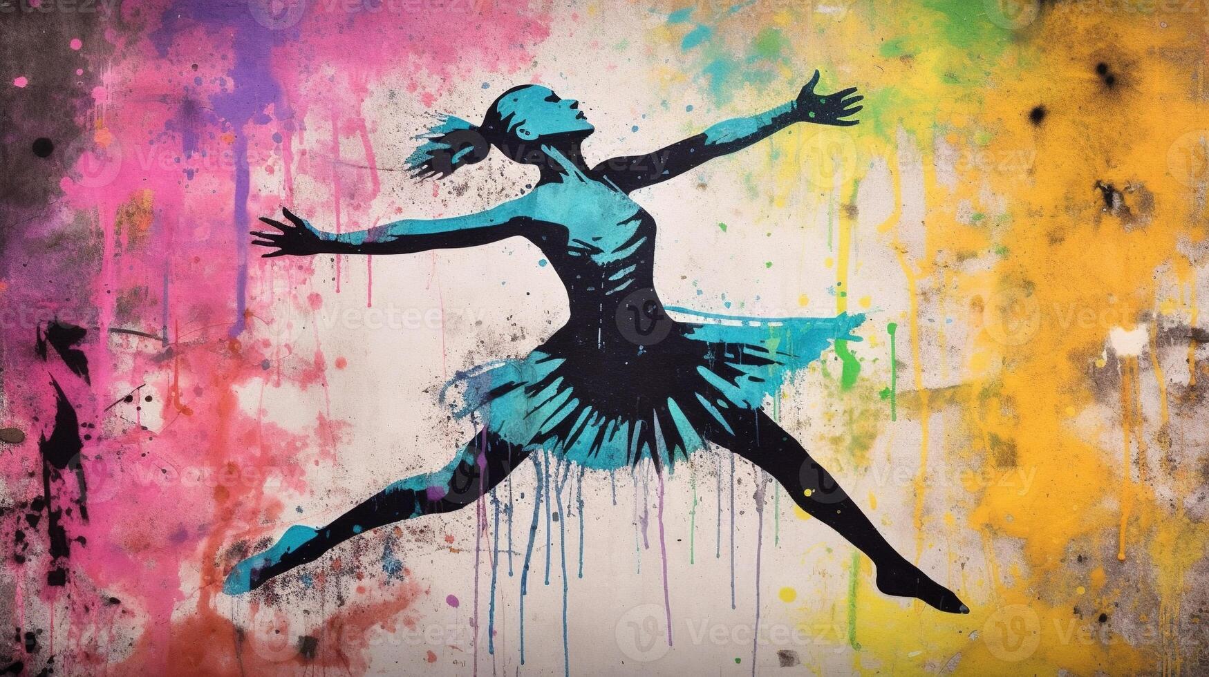 generativ ai, dans kvinna eller flicka, dynamisk rörelse. bläck måla färgrik stänk gata graffiti konst på en texturerad papper årgång bakgrund, inspirerad förbi banksy. foto