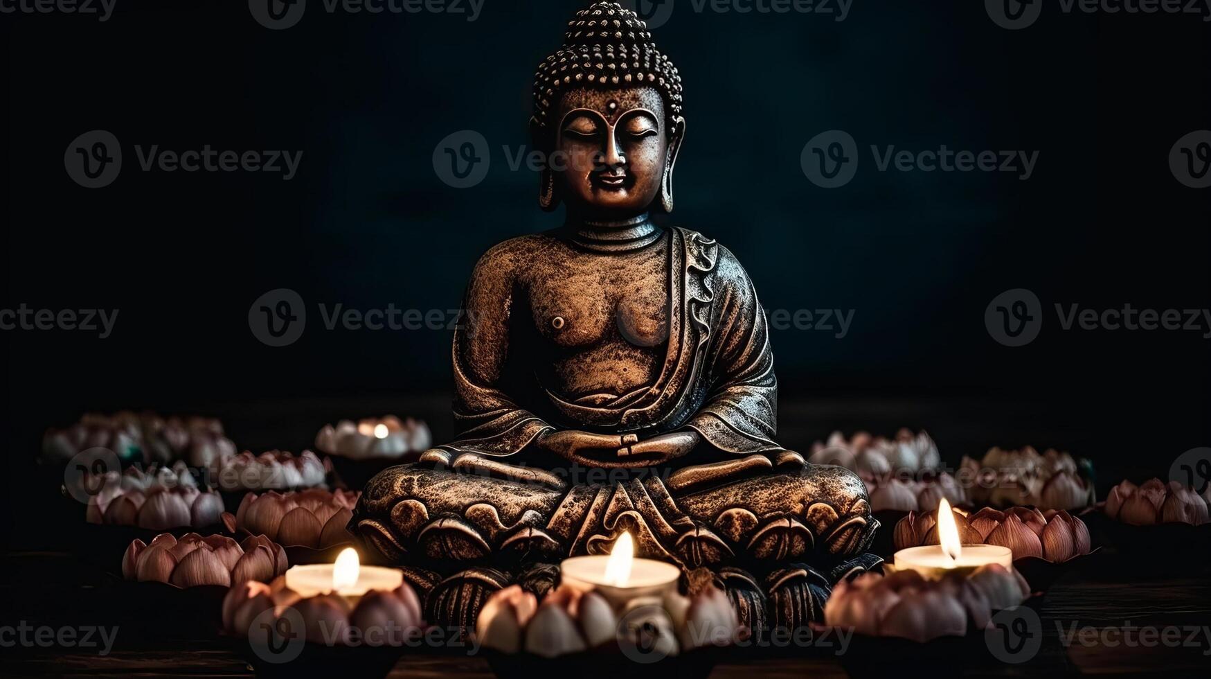 buddha staty i reflexion med lotus blomma och brinnande ljus. kreativ resurs, ai genererad foto