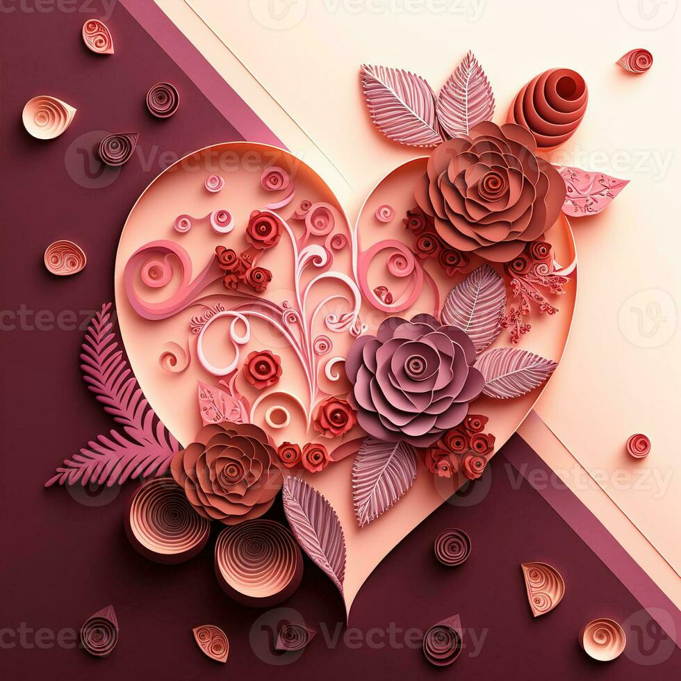 papper skära quilling flerdimensionellt valentine dag med hjärta, blomma och choklad på rosa bakgrund. valentine dag begrepp foto