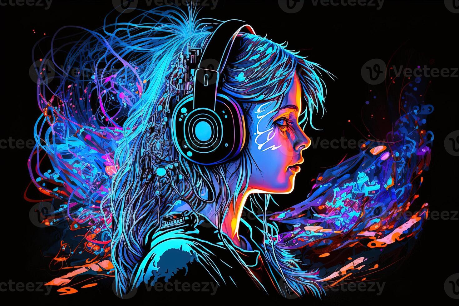 generativ ai ett neon gamer anime mode flicka eller kvinna bär hörlurar, förlorat i henne musik. abstrakt bakgrund den där framkallar de känsla av annorlunda genrer av musik. baner musik begrepp foto