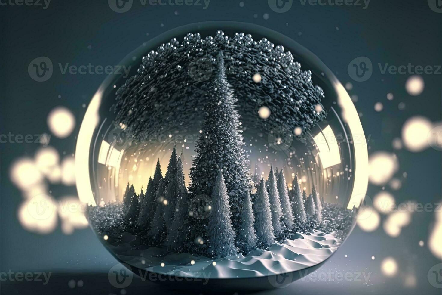 jul vit dekorationer på snö med gran träd grenar. vinter- dekoration bakgrund. fokus av mycket liten flytande spegel bollar faller från de himmel , varje som innehåller en mycket liten perfekt stad inuti foto