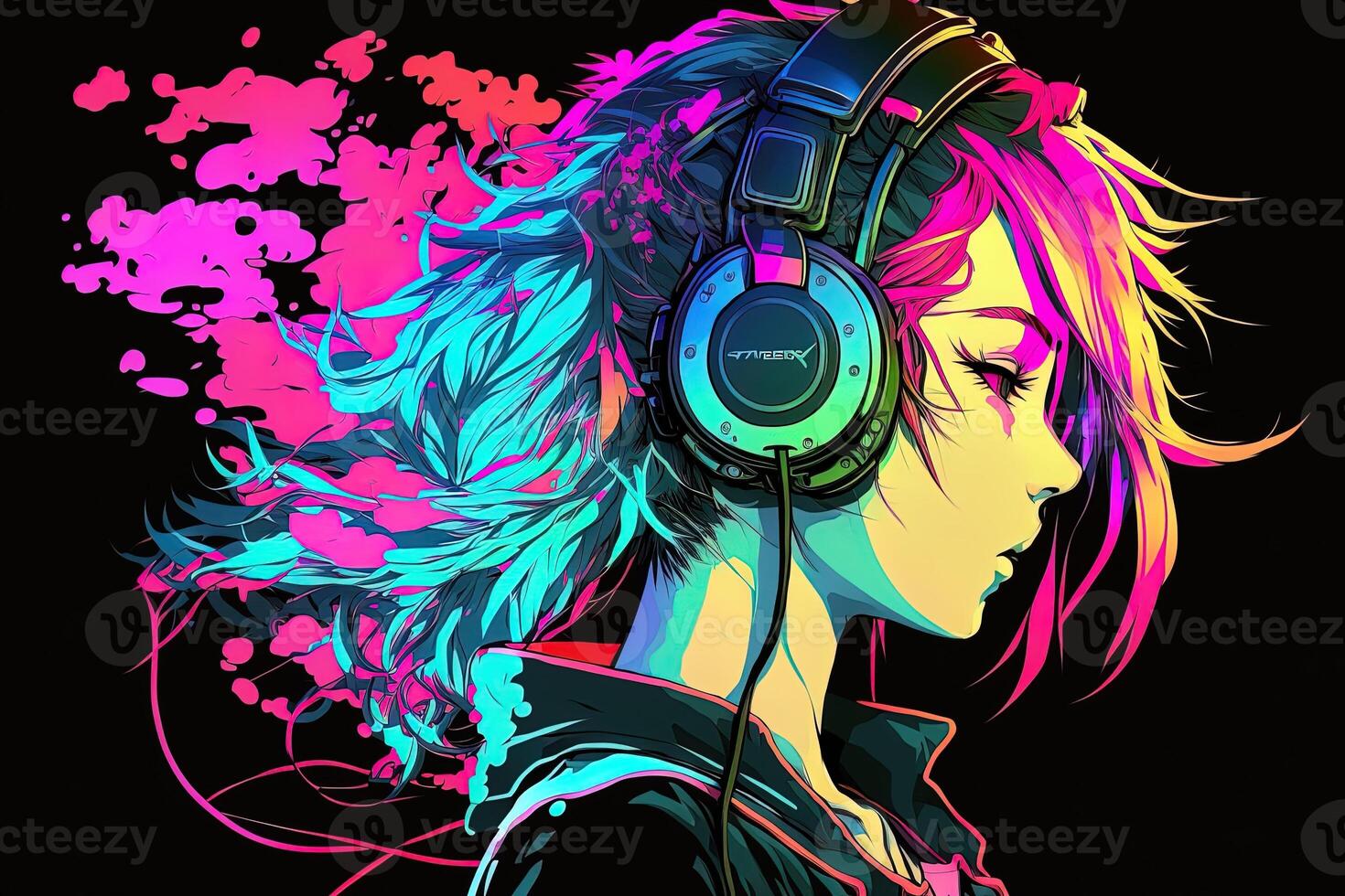 generativ ai ett neon gamer anime mode flicka eller kvinna bär hörlurar, förlorat i henne musik. abstrakt bakgrund den där framkallar de känsla av annorlunda genrer av musik. baner musik begrepp foto