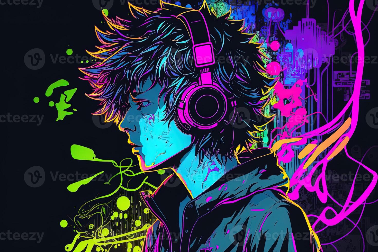 generativ ai ett neon gamer anime mode pojke eller man bär hörlurar, förlorat i hans musik. abstrakt bakgrund den där framkallar de känsla av annorlunda genrer av musik. baner musik begrepp foto