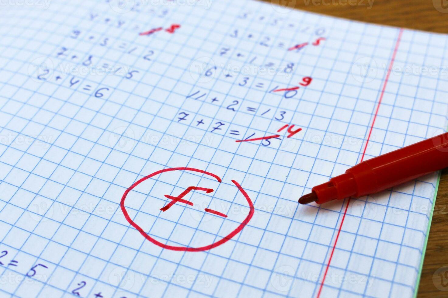 fel rättad i röd penna i en anteckningsbok. dålig Göra för de lösning av matematisk uttryck. mark f-. foto