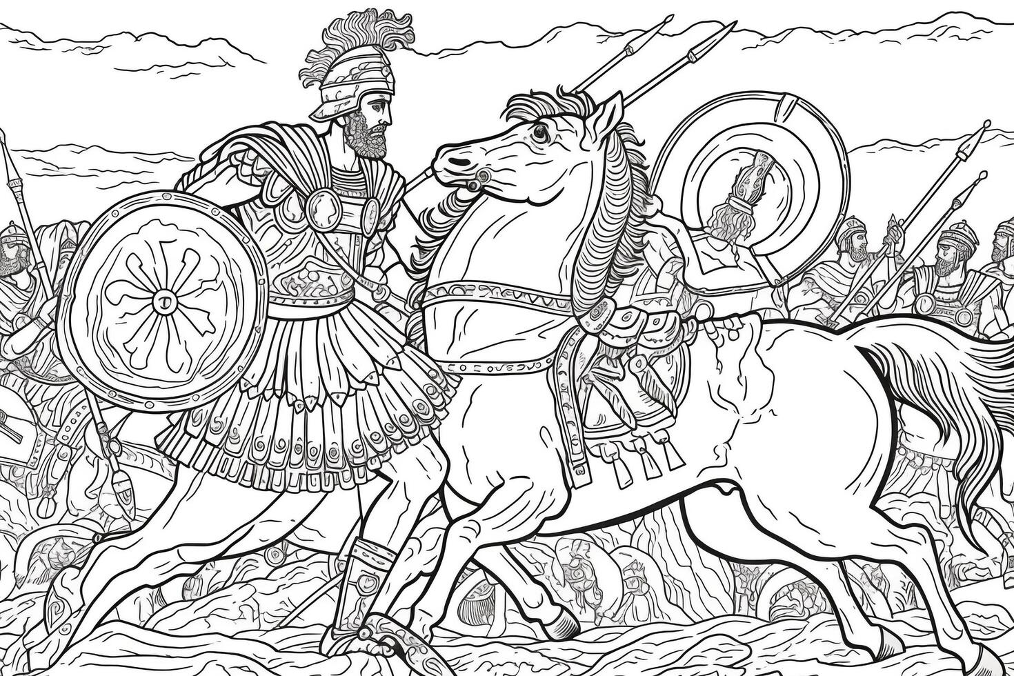 medeltida slåss scen med kavalleri och infanteri. svart och vit vektor illustration.färgning bok page.generative ai foto