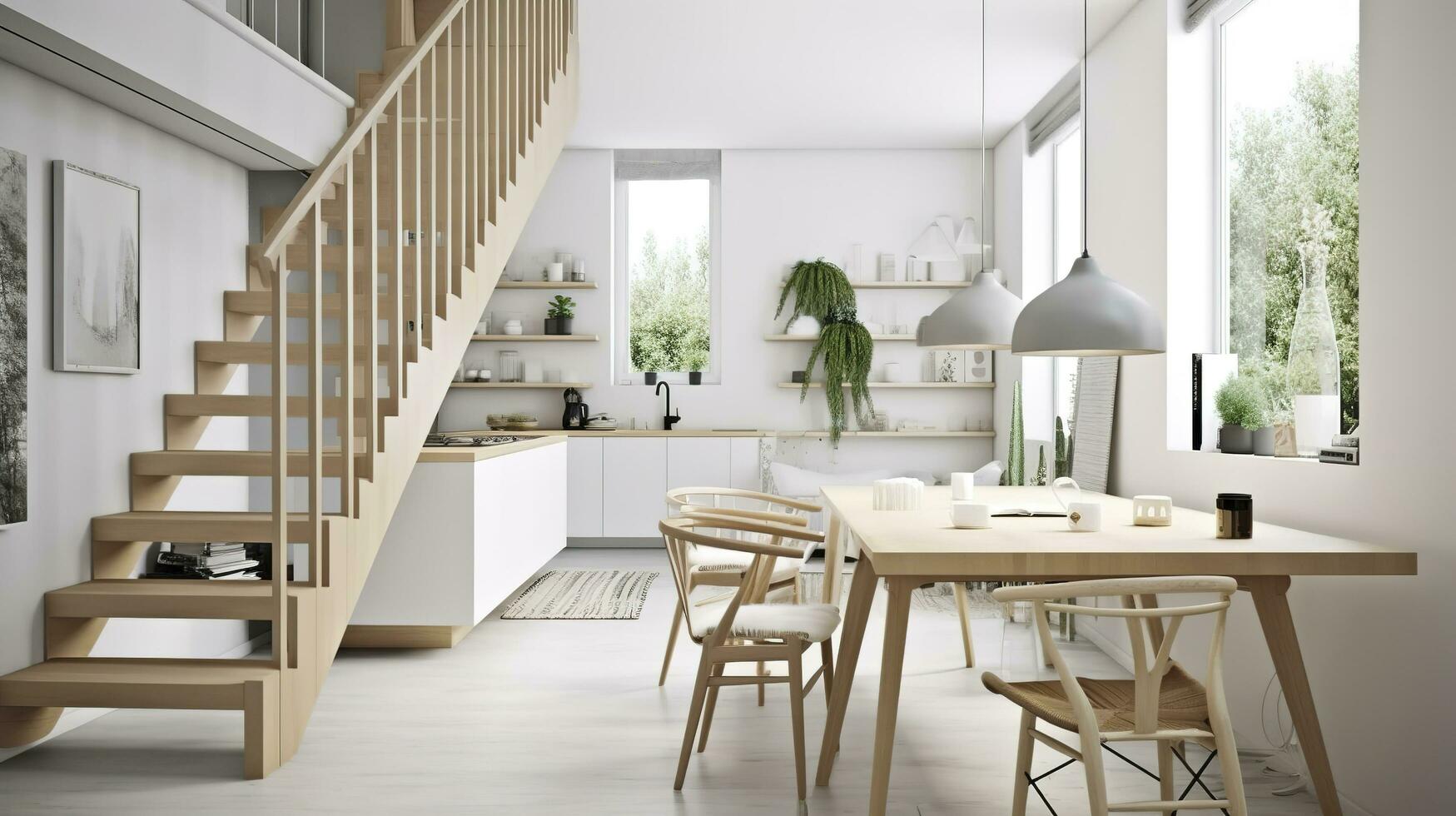 interiör design, en perspektiv av en levande rum och en kök med ett ö, stor fönster med naturlig ljus, modern möbel, takfönster, modern minimalistisk design, generera ai foto