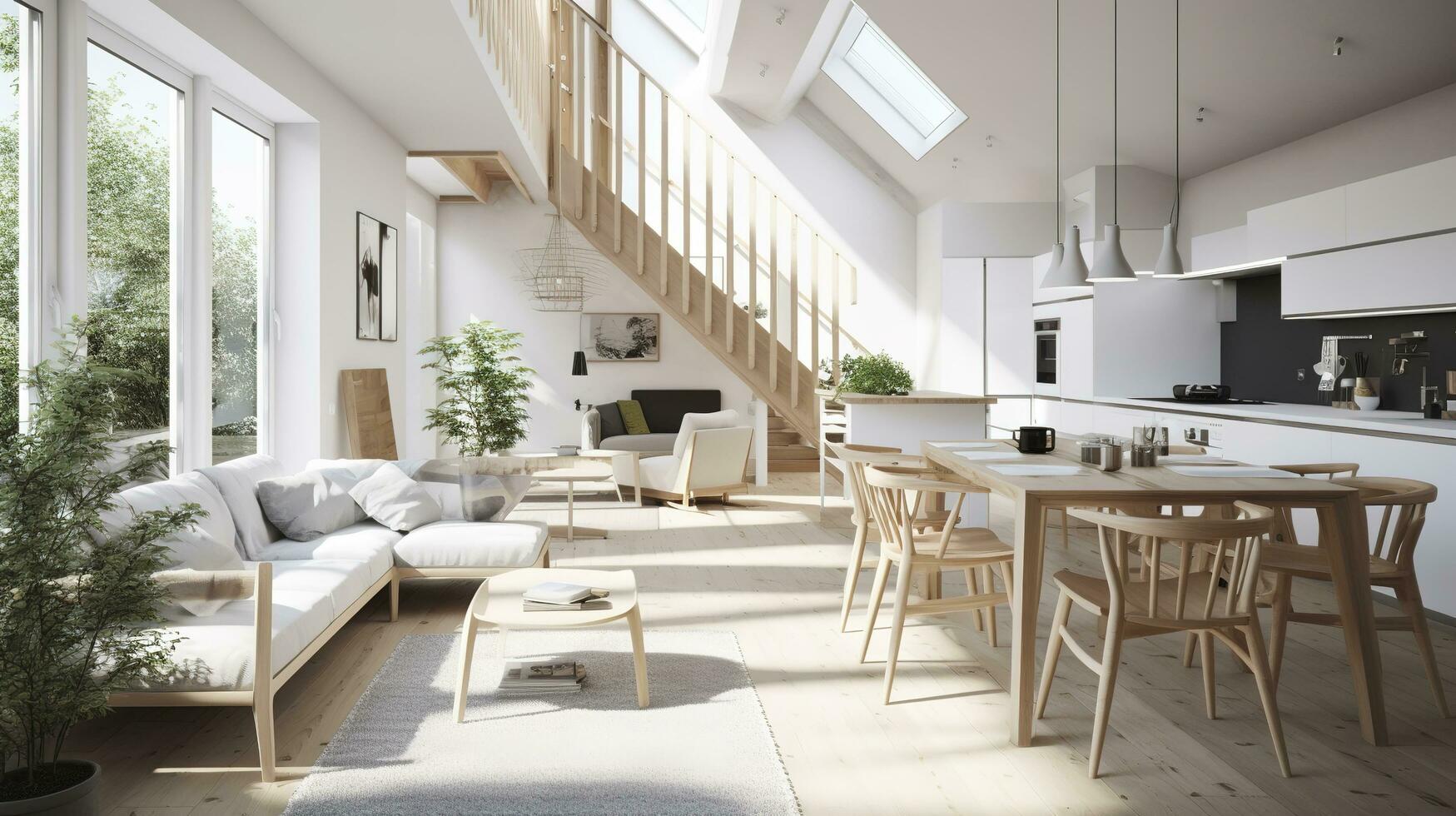 interiör design, en perspektiv av en levande rum och en kök med ett ö, stor fönster med naturlig ljus, modern möbel, takfönster, modern minimalistisk design, generera ai foto