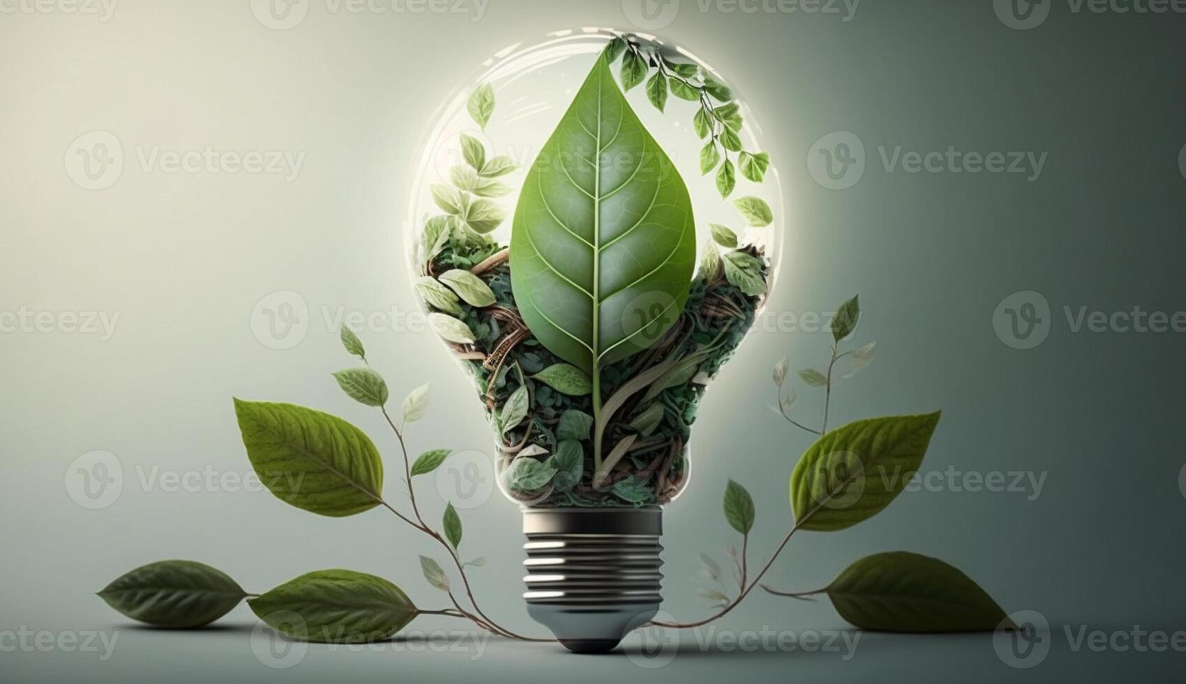eco vänlig glödlampa från färsk löv topp tävla, begrepp av förnybar energi och hållbar levande, skapas med generativ ai teknologi foto