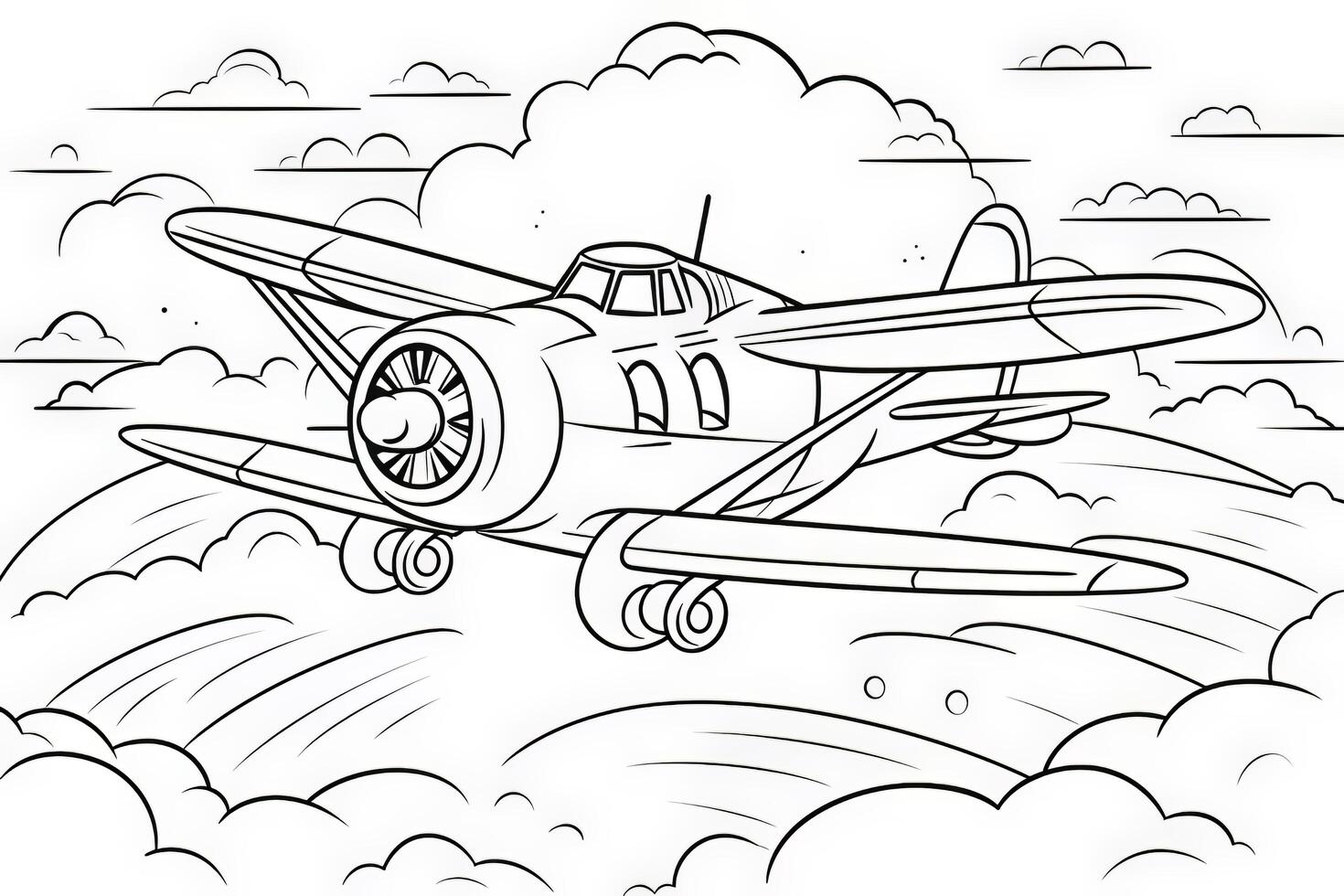 svart och vit tecknad serie illustration av årgång plan flygande i de himmel för färg bok.generativ ai foto