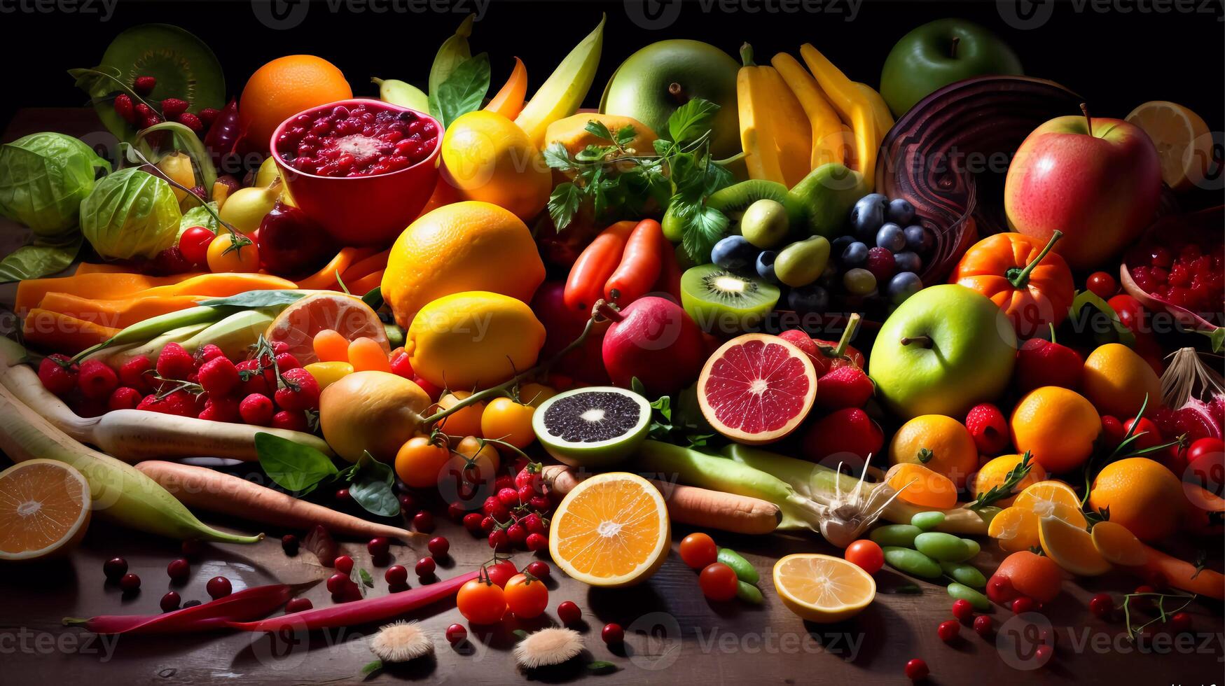 energigivande kondition fest färgrik sortiment av frukt, grönsaker, örter, och kryddor konstnärligt anordnad generativ ai foto