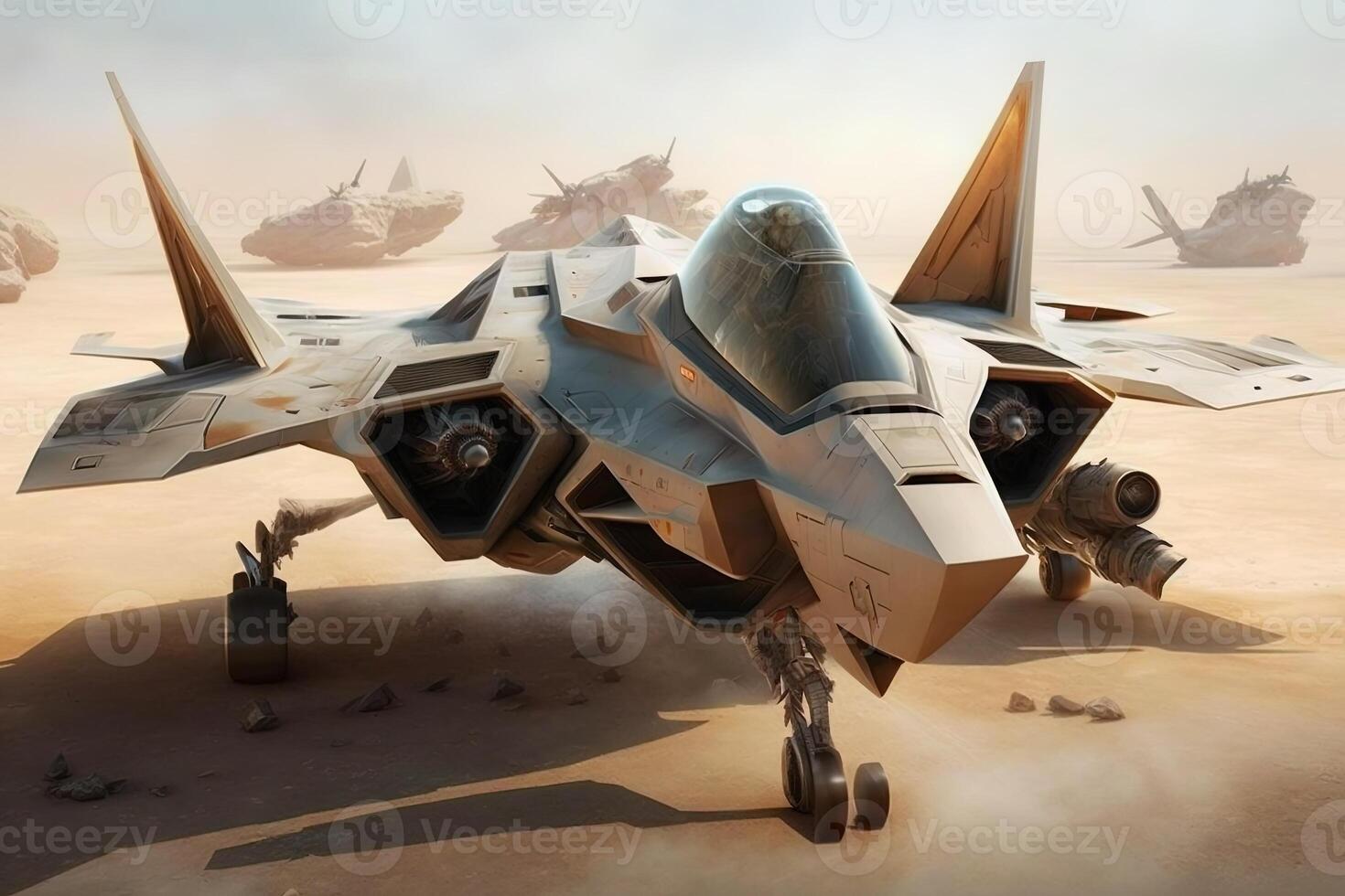 f-22 raptor i flyg med ånga moln. illustration av kämpe jet generativ ai foto