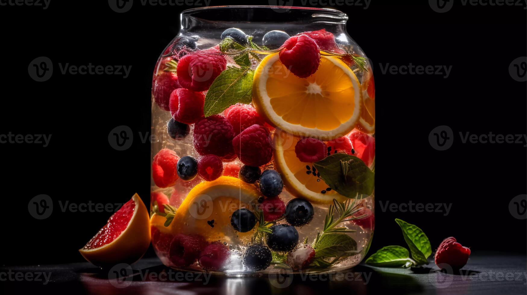 vibrerande infuserad vattnen, näringsspäckad frukter, grönsaker, och örter nedsänkt i en klar glas tillbringare generativ ai foto