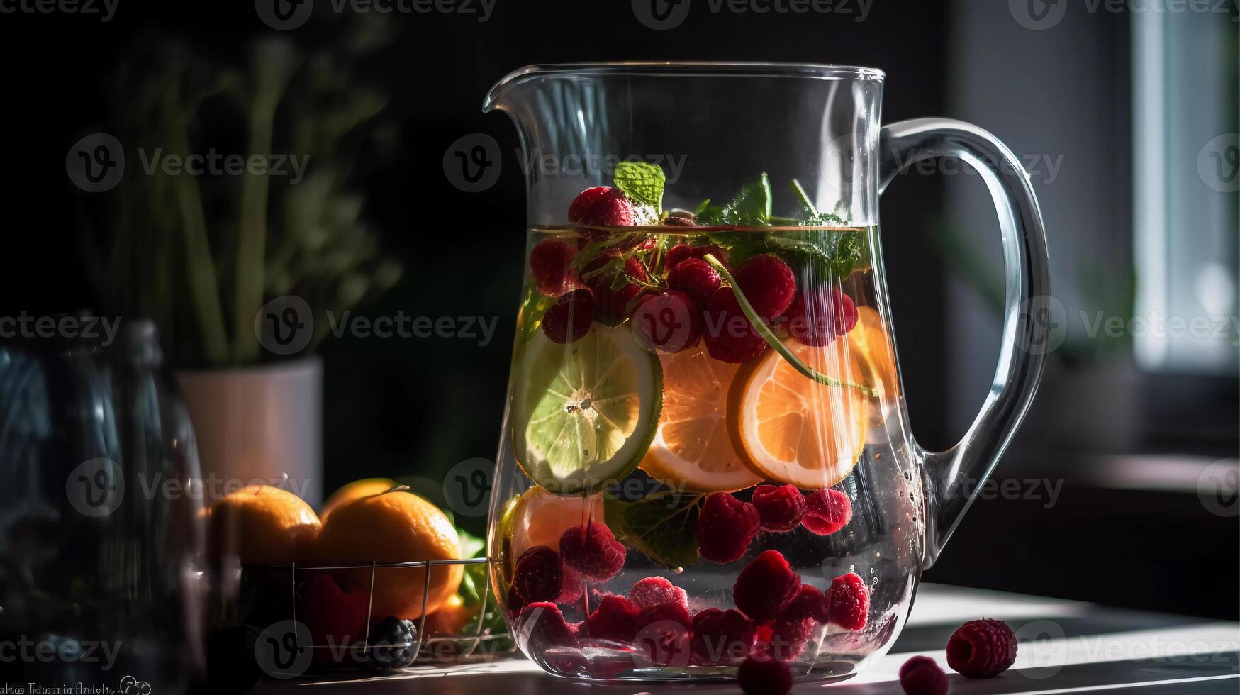 vibrerande infuserad vattnen, näringsspäckad frukter, grönsaker, och örter nedsänkt i en klar glas tillbringare generativ ai foto