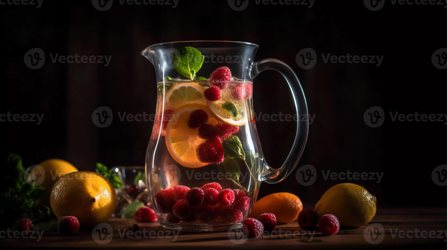 vibrerande infuserad vattnen, näringsspäckad frukter, grönsaker, och örter nedsänkt i en klar glas tillbringare generativ ai foto