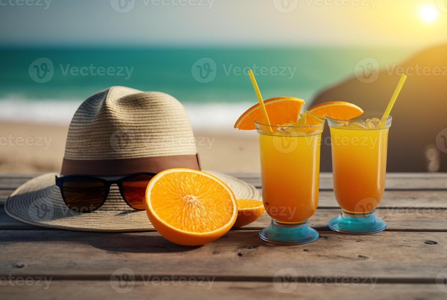 färsk orange juice med keps och glasögon på trä- tabell med strand bakgrund, sommar begrepp Foto. generativ ai foto