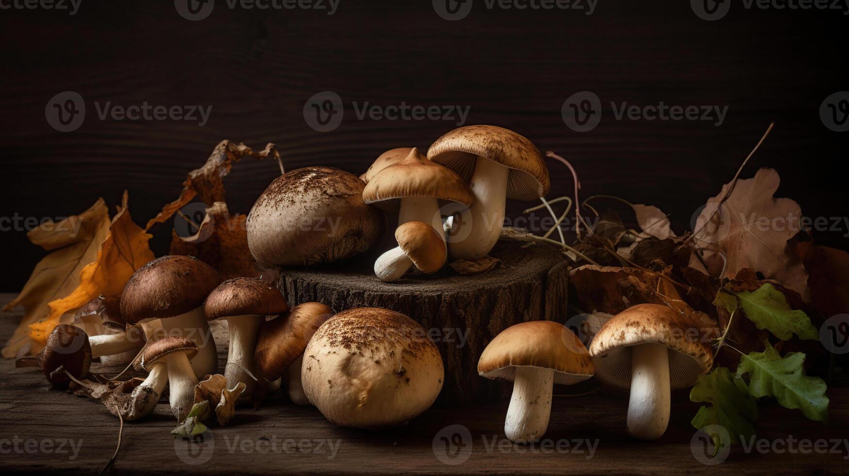 mängd av okokt vild skog svamp gul boletus, björk svamp, russules över mörk texturerad bakgrund. rustik stil, naturlig dag ljus. generativ ai foto