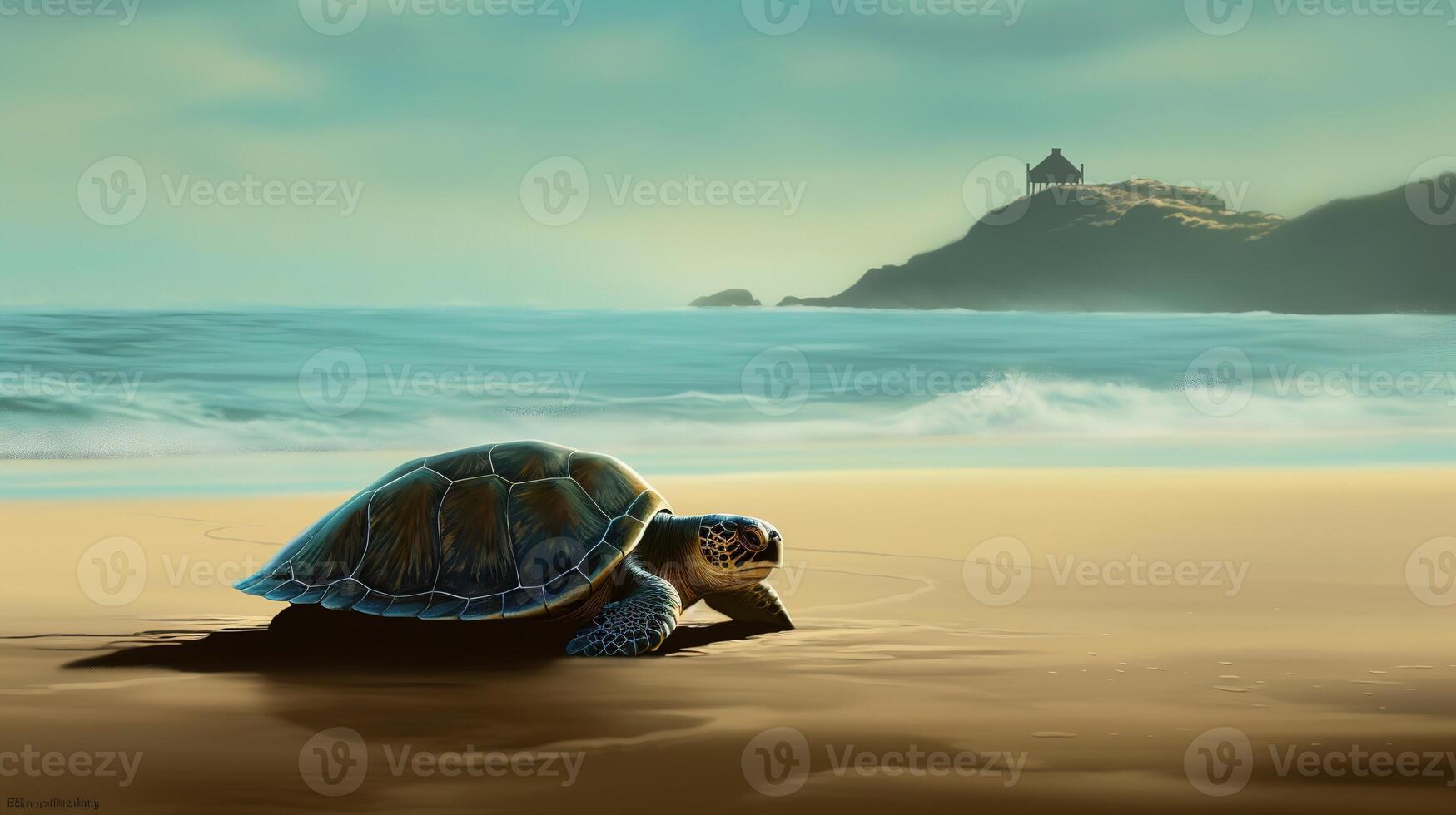 en hav sköldpadda krypande på de sandig strand med en berg i de bakgrund. ai genererad. foto