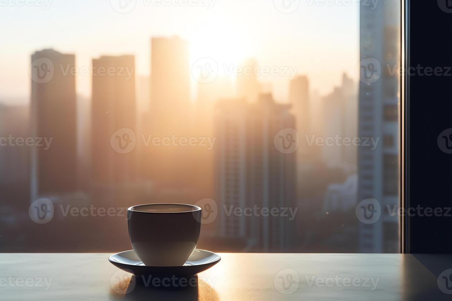 kaffe råna på fönsterkarm soluppgång och skyskrapor i de bakgrund ai generativ. ai genererad foto