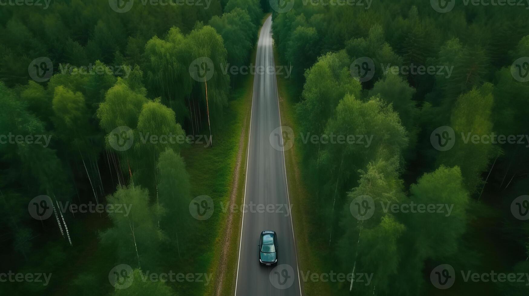 luftburet ser grön timberland med bil på de svart-topp gata. kreativ resurs, ai genererad foto
