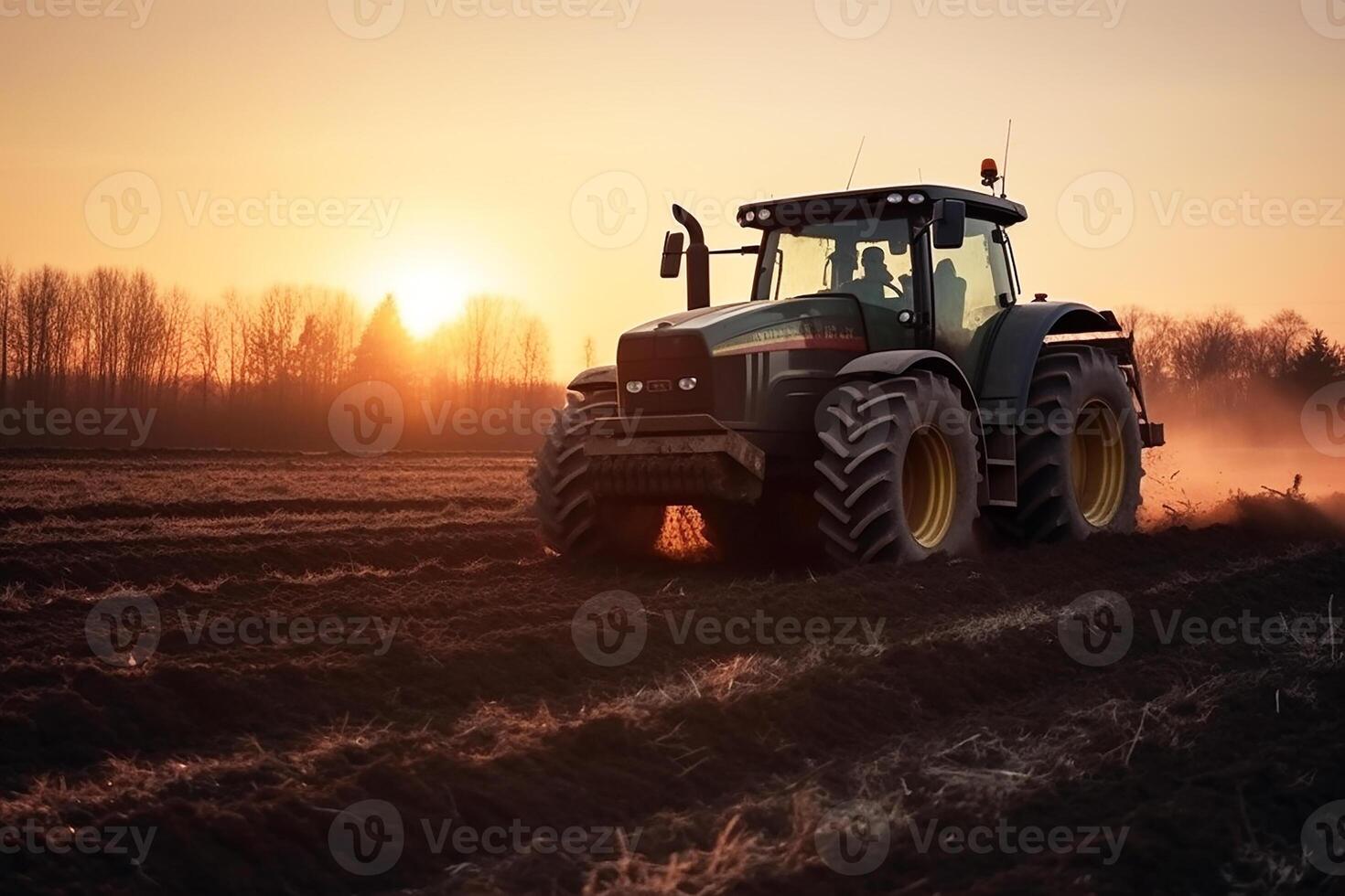 traktor på ett jordbruks fält. sådd, skörd. generativ ai foto