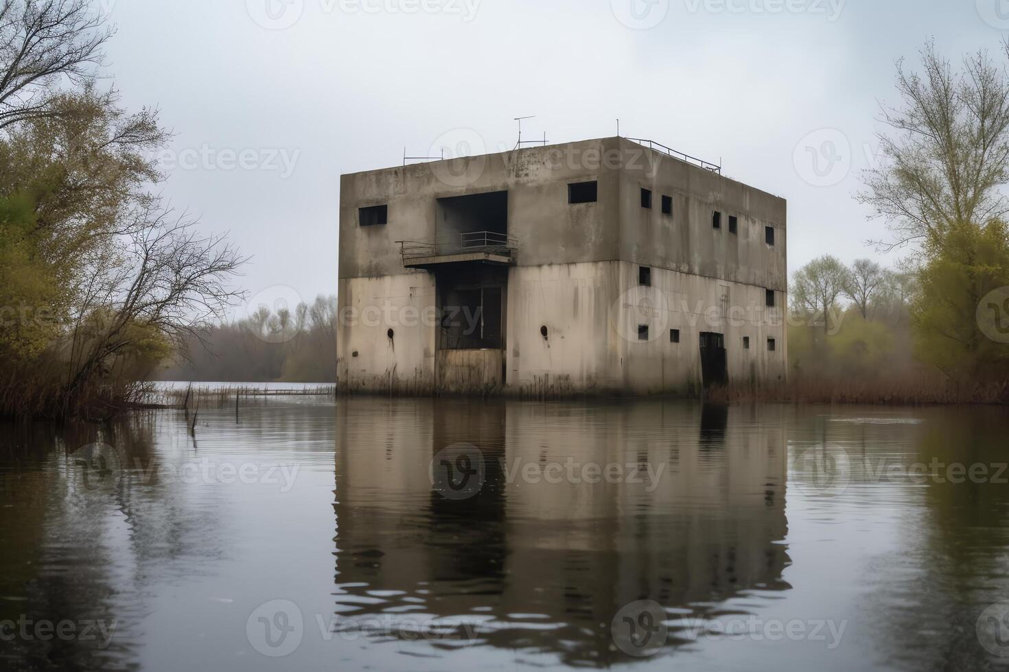 gammal övergiven bunkra översvämmad. ai genererad foto