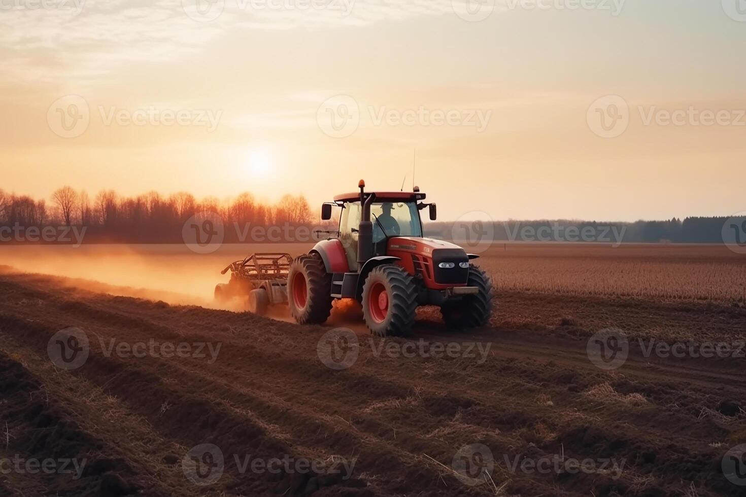 traktor på ett jordbruks fält. sådd, skörd. generativ ai foto