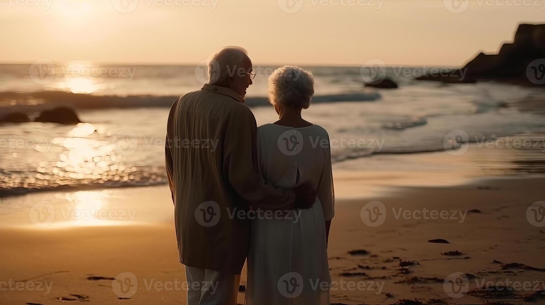 vårda, tillbaka och senior par på en strandlinje, skaffa sig en hantera på och innehav för relation, sommar händelse och äktenskap. kreativ resurs, ai genererad foto