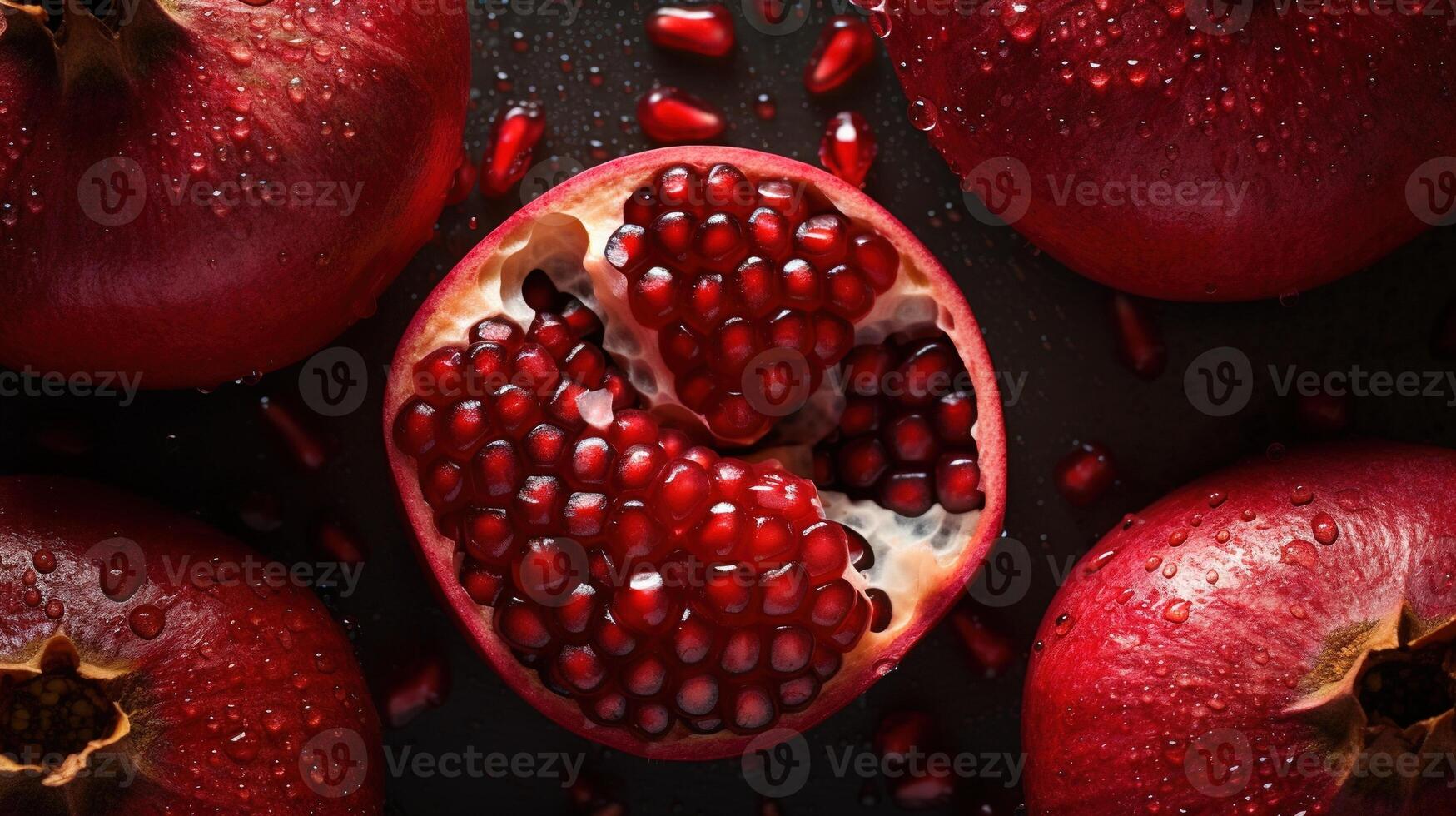 generativ ai, makro färsk saftig halv och hela av granatäpple frukt bakgrund som mönster. närbild Foto med droppar av vatten