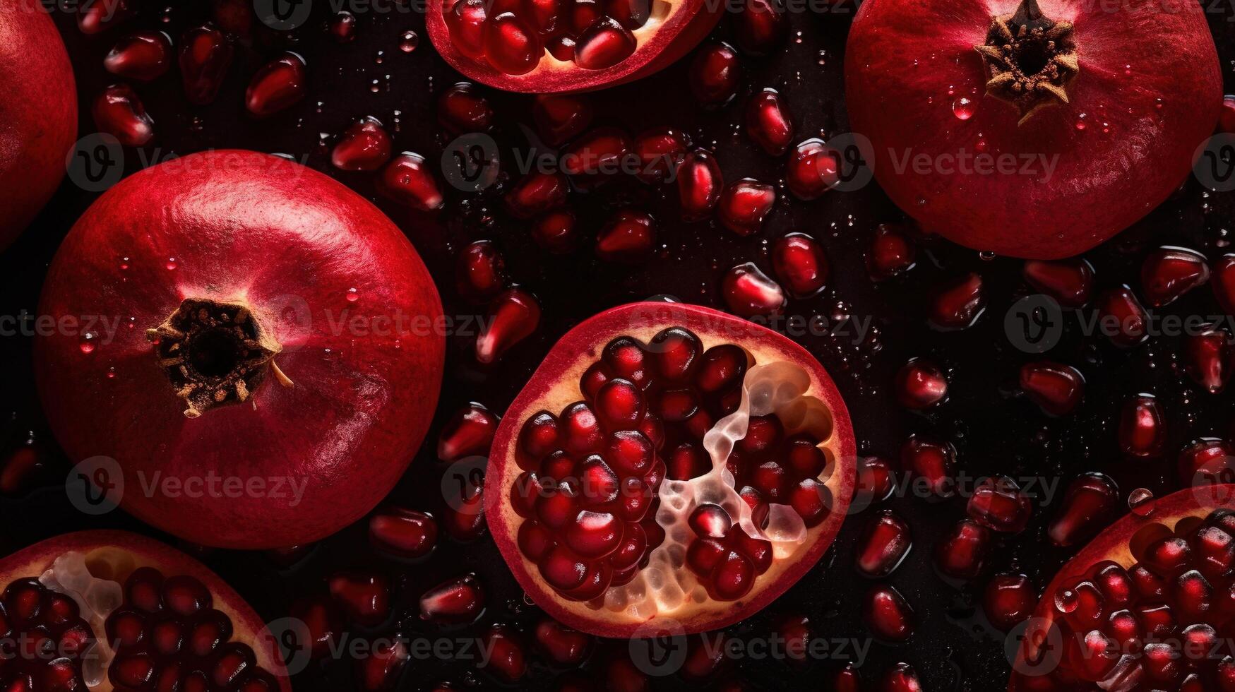 generativ ai, makro färsk saftig halv och hela av granatäpple frukt bakgrund som mönster. närbild Foto med droppar av vatten