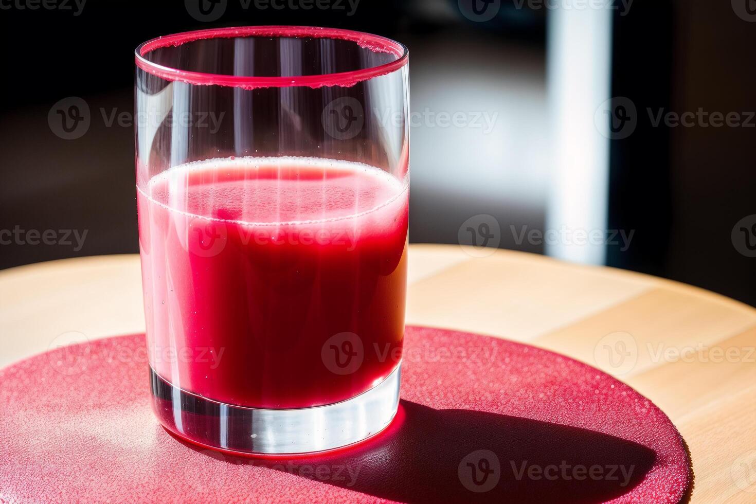 färsk jordgubb smoothie i en glas på en trä- tabell., närbild. friska mat begrepp. generativ ai foto