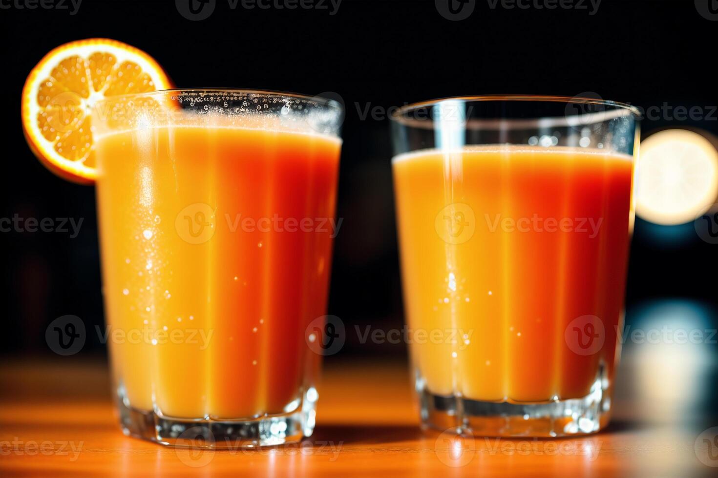 nyligen pressas orange juice i en glas på trä- tabell, närbild. friska mat begrepp. generativ ai foto