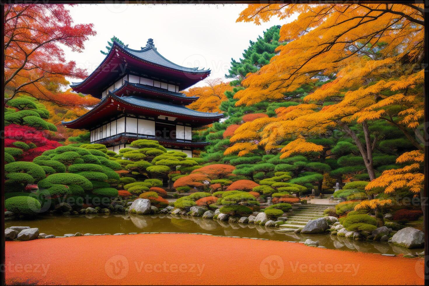 japansk tempel i vår med blomning körsbär träd. digital målning..akvarell måla. digital konst, generativ ai foto