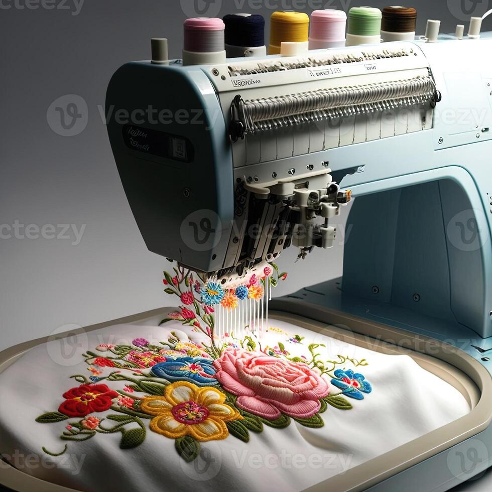 modern och automatisk hög teknologi broderi maskin för textil- eller Kläder kläder framställning tillverkning bearbeta i industriell. stänga upp datoriserad broderi maskiner. generativ ai foto