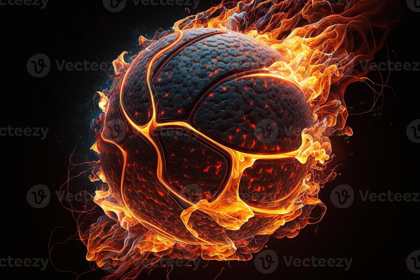 generativ ai av en lysande boll brinnande på brand i orange lågor, ger av värme och rök för konkurrenskraftig basketboll en visuell representation av de galenskap och spänning av de spel foto